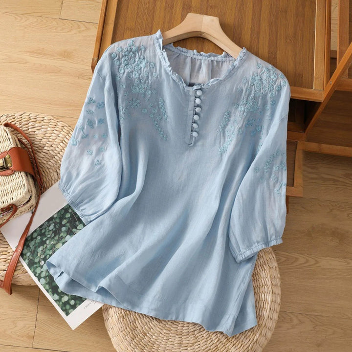Women’s Relaxed-Fit Puff Sleeve Blouse with Floral Embroidery 0