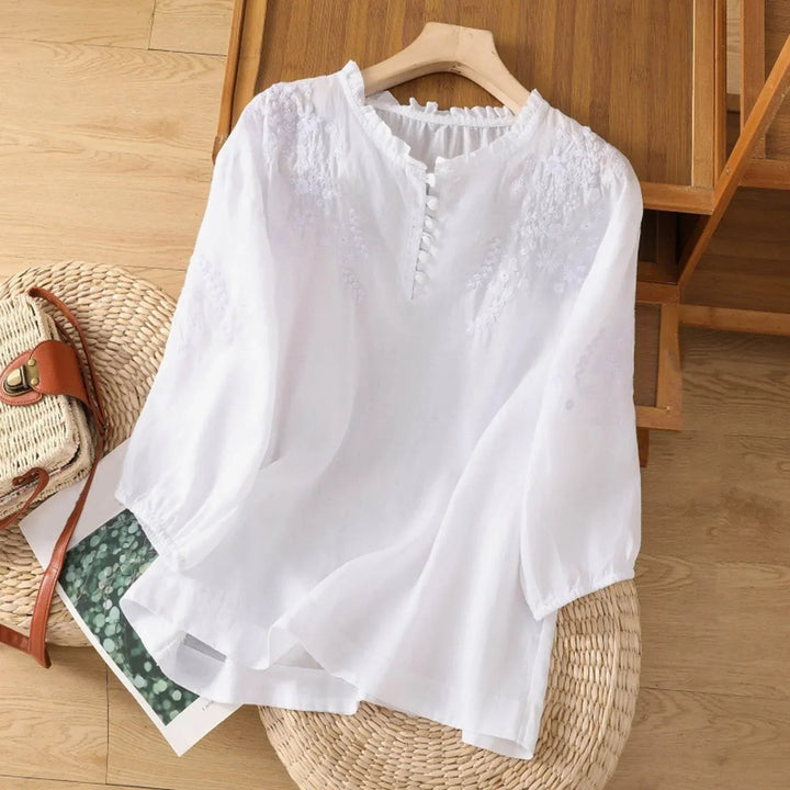 Women’s Relaxed-Fit Puff Sleeve Blouse with Floral Embroidery 1