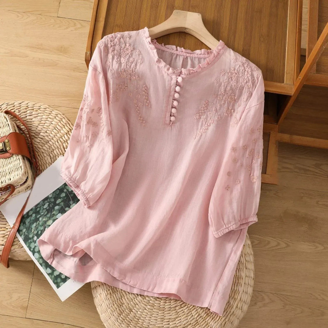 Women’s Relaxed-Fit Puff Sleeve Blouse with Floral Embroidery 2