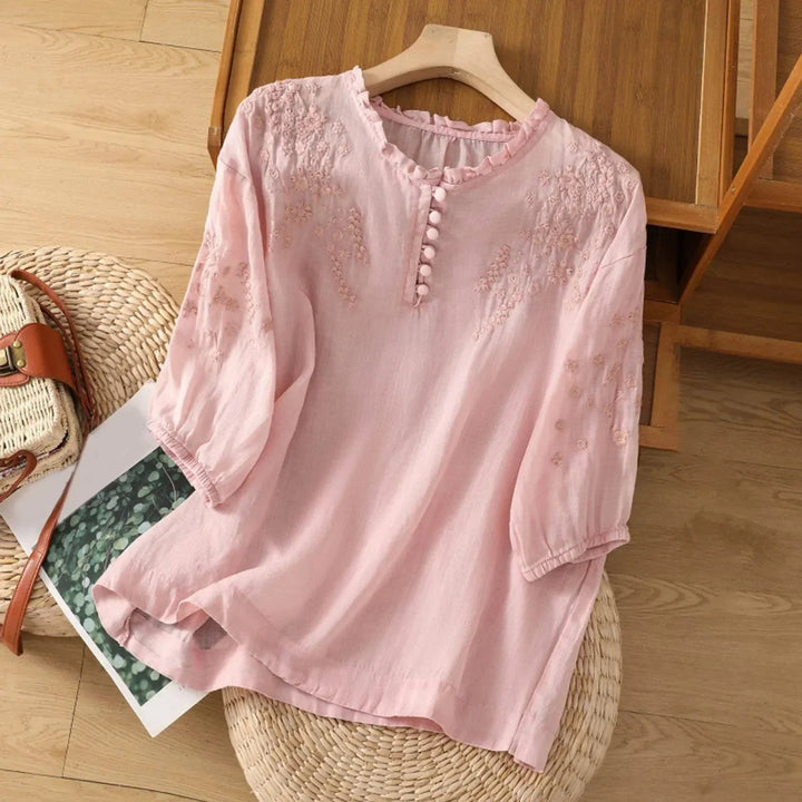 Women’s Relaxed-Fit Puff Sleeve Blouse with Floral Embroidery 2