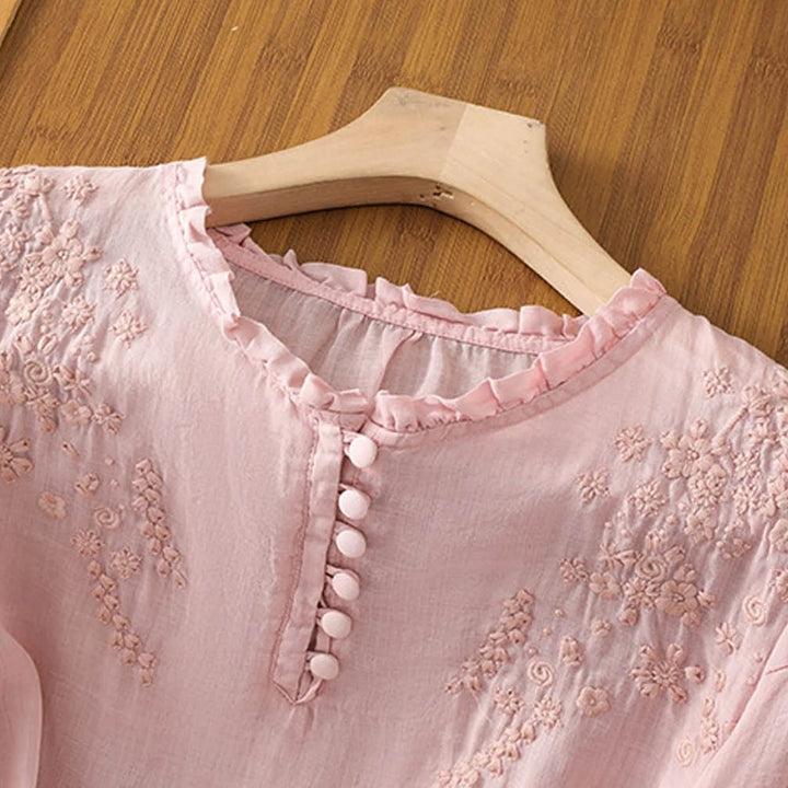 Women’s Relaxed-Fit Puff Sleeve Blouse with Floral Embroidery 3