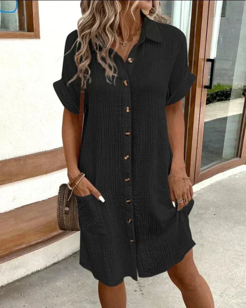 Women’s Relaxed-Fit Shirt Dress Breathable Cotton-Linen with Pockets 1