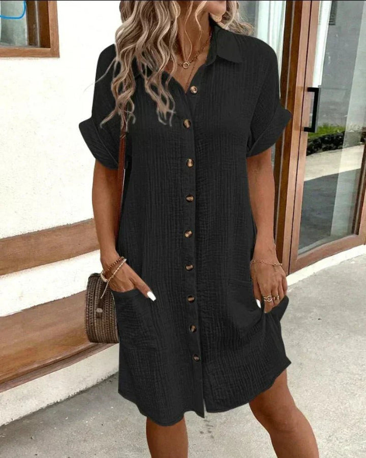 Women’s Relaxed-Fit Shirt Dress Breathable Cotton-Linen with Pockets 1