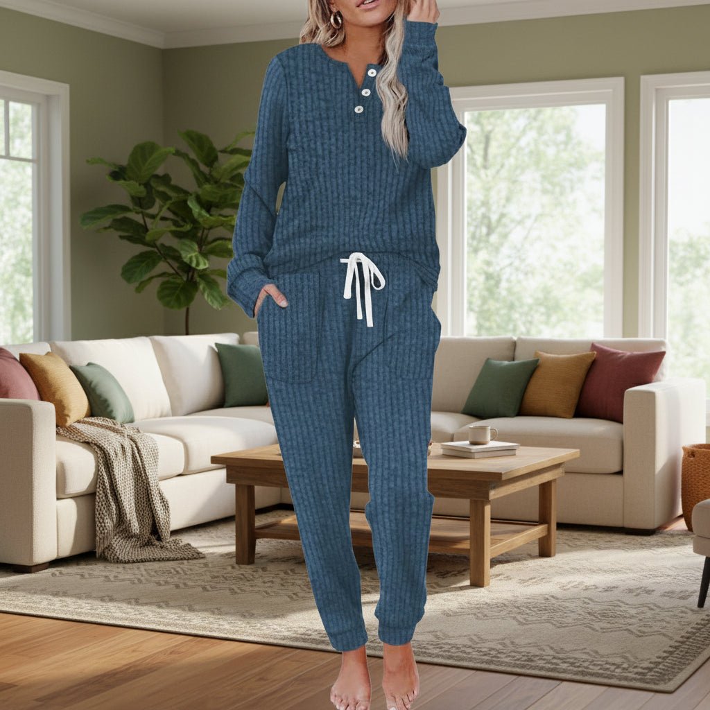 Women’s Ribbed Two-Piece Loungewear Set with Button-Neck Long Sleeve 11