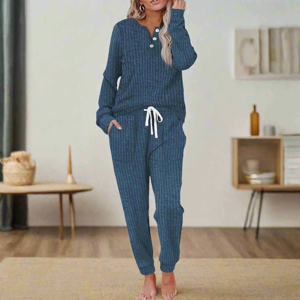 Women’s Ribbed Two-Piece Loungewear Set with Button-Neck Long Sleeve 5