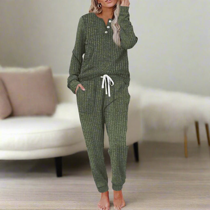 Women’s Ribbed Two-Piece Loungewear Set with Button-Neck Long Sleeve 7