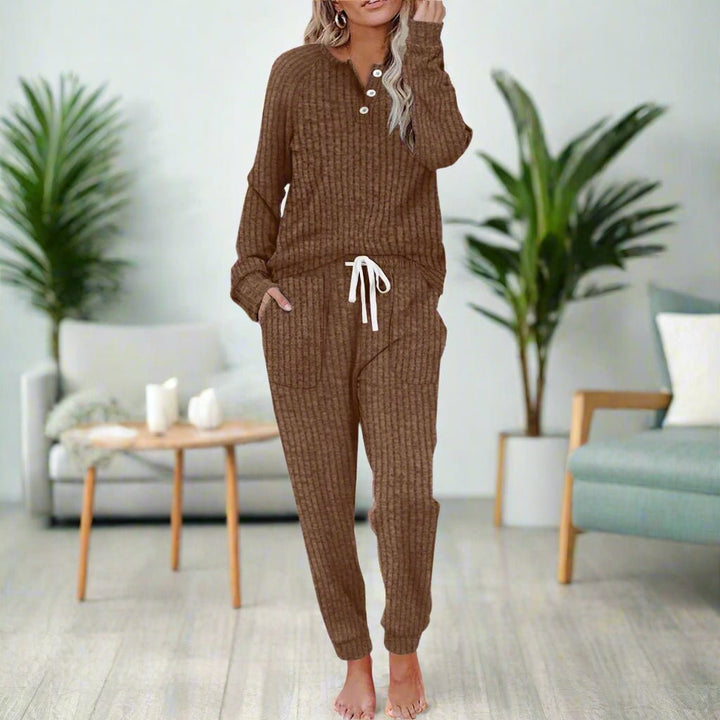 Women’s Ribbed Two-Piece Loungewear Set with Button-Neck Long Sleeve 8