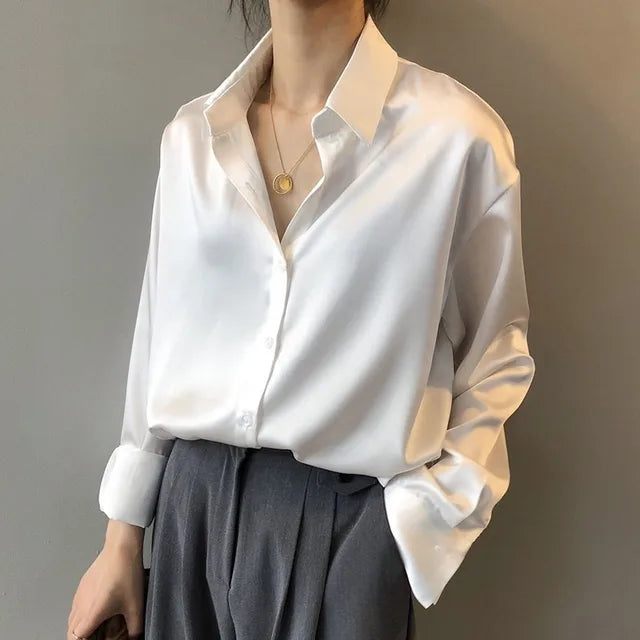 Women’s Satin Blouse Classic Button Down Elegant Design 1