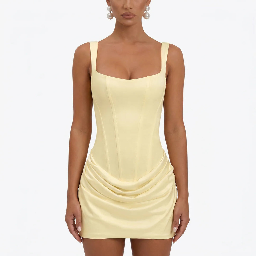 Women’s Satin Mini Dress Elegant Draped Silhouette with Square Neckline 0