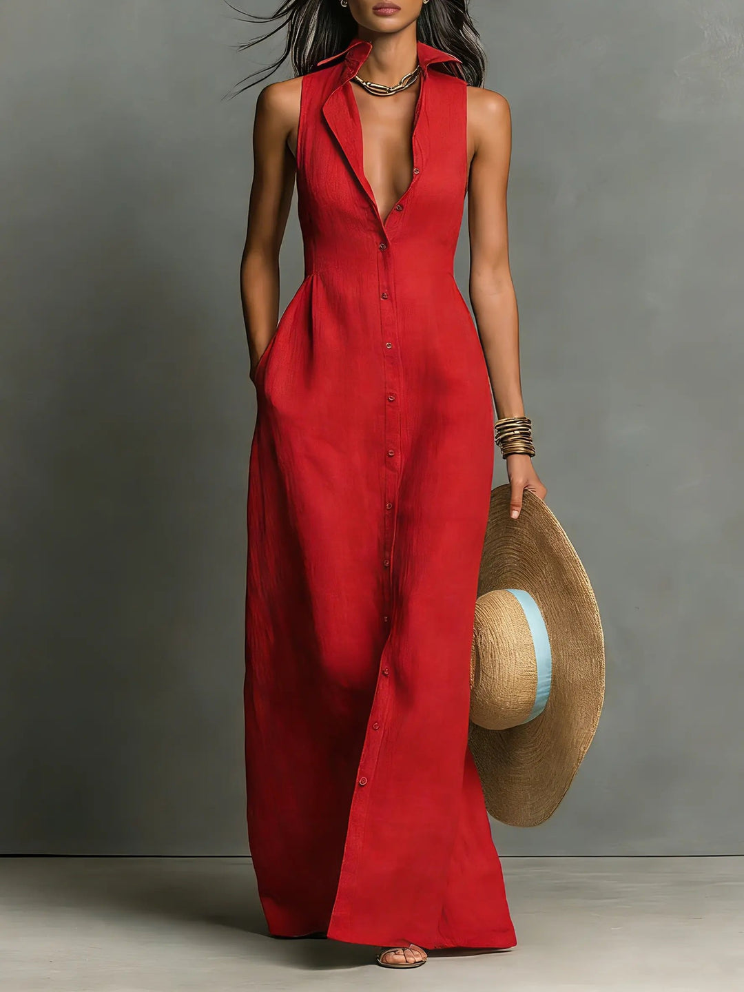 Women’s Sleeveless Maxi Dress Collared Button-Front Linen Design 0