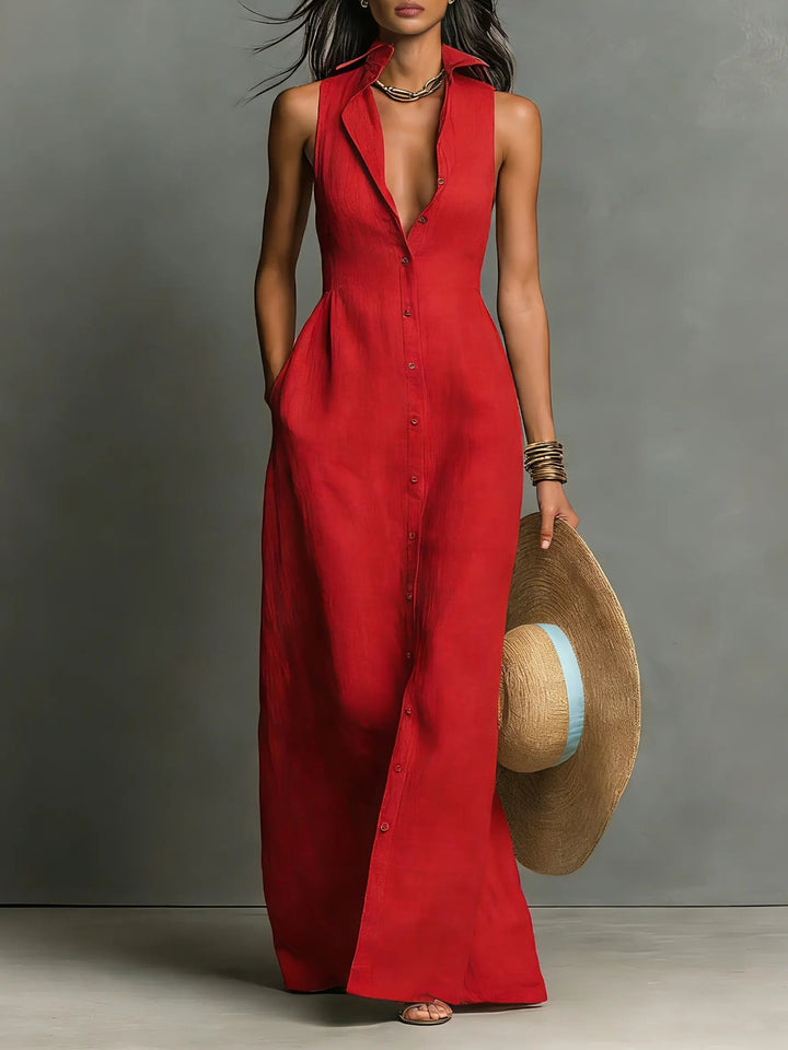 Women’s Sleeveless Maxi Dress Collared Button-Front Linen Design 0