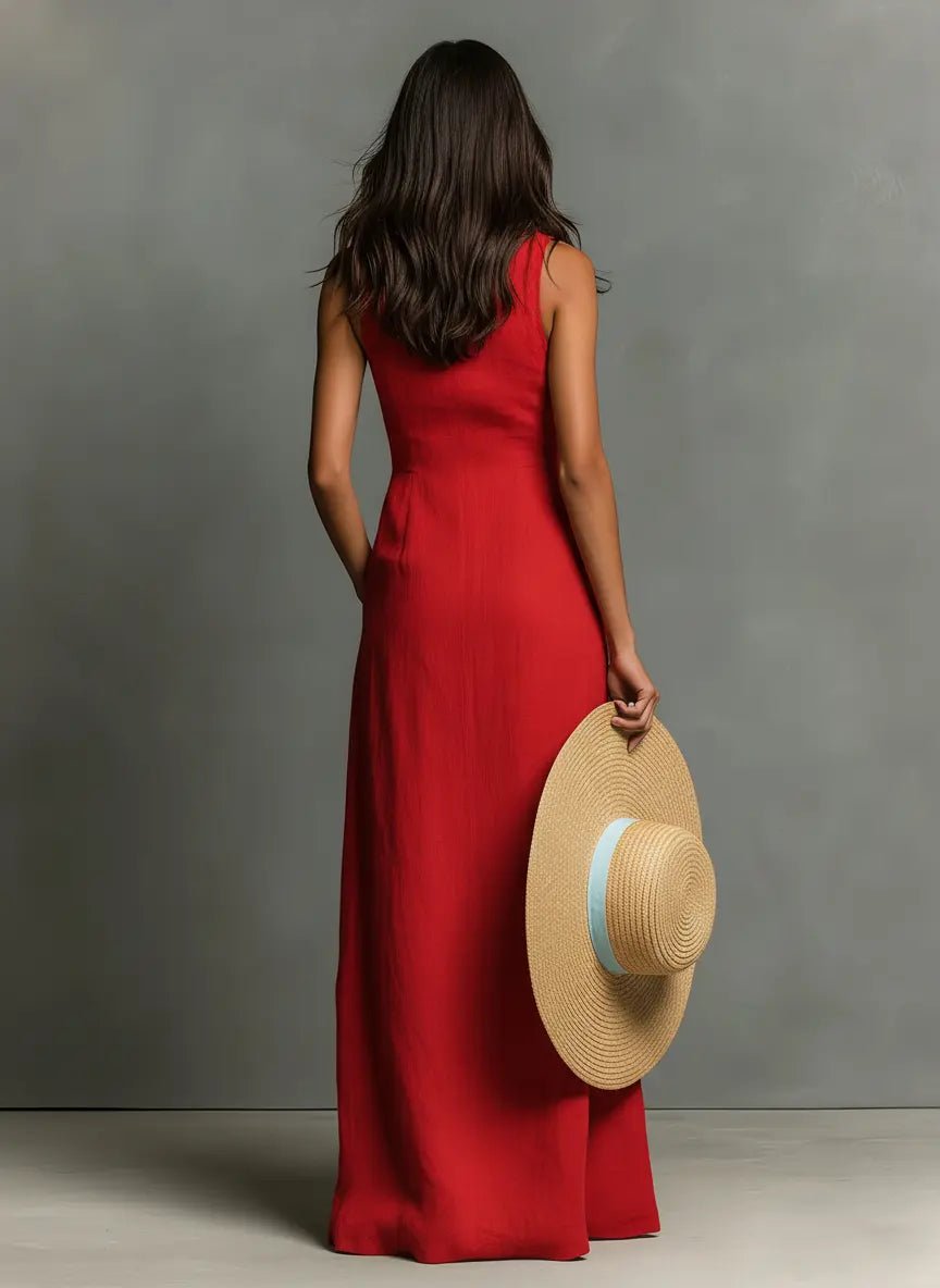 Women’s Sleeveless Maxi Dress Collared Button-Front Linen Design 1