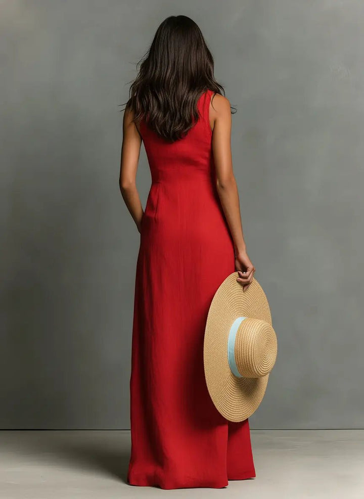 Women’s Sleeveless Maxi Dress Collared Button-Front Linen Design 1