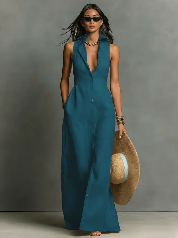 Women’s Sleeveless Maxi Dress Collared Button-Front Linen Design 2