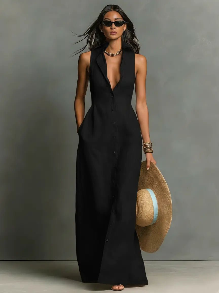 Women’s Sleeveless Maxi Dress Collared Button-Front Linen Design 3