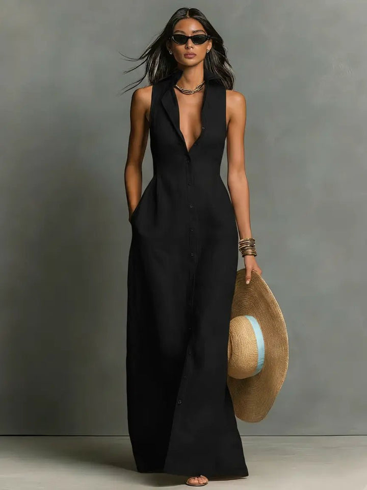 Women’s Sleeveless Maxi Dress Collared Button-Front Linen Design 3