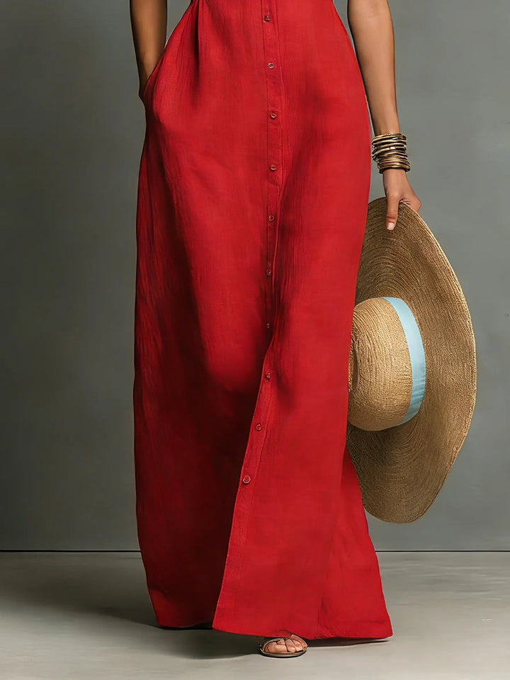 Women’s Sleeveless Maxi Dress Collared Button-Front Linen Design 5