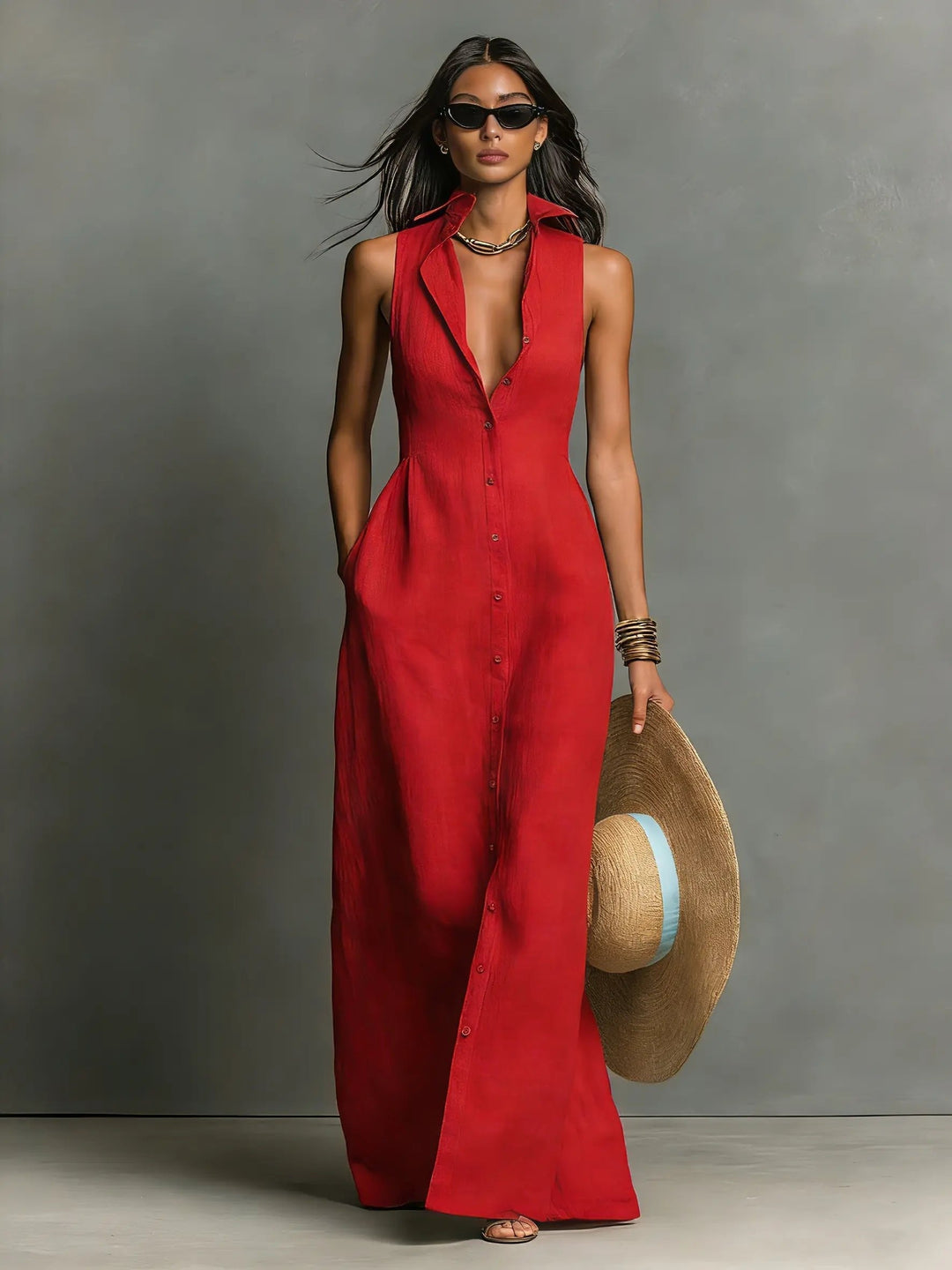 Women’s Sleeveless Maxi Dress Collared Button-Front Linen Design 6