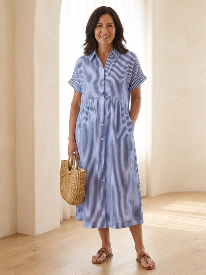 Women’s Striped Midi Dress Button Front Short Sleeve Casual Summer Style 0