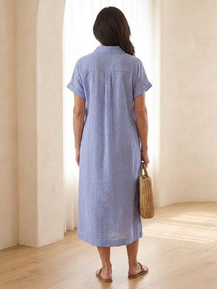 Women’s Striped Midi Dress Button Front Short Sleeve Casual Summer Style 1