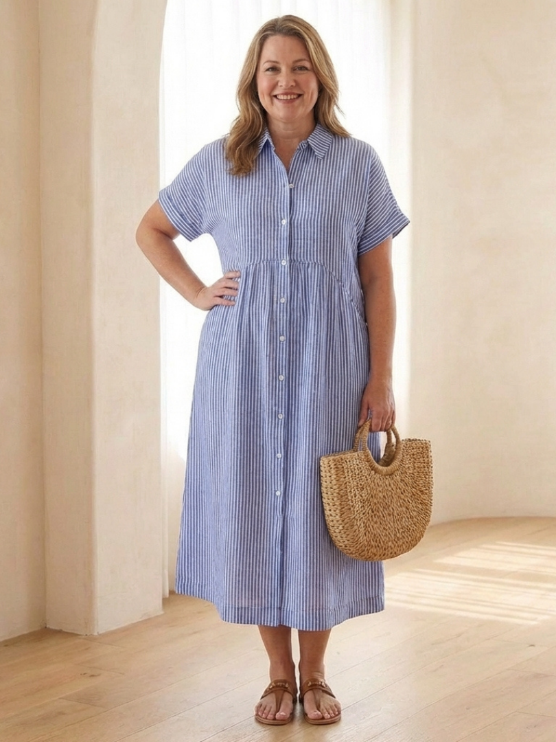 Women’s Striped Midi Dress Button Front Short Sleeve Casual Summer Style 2