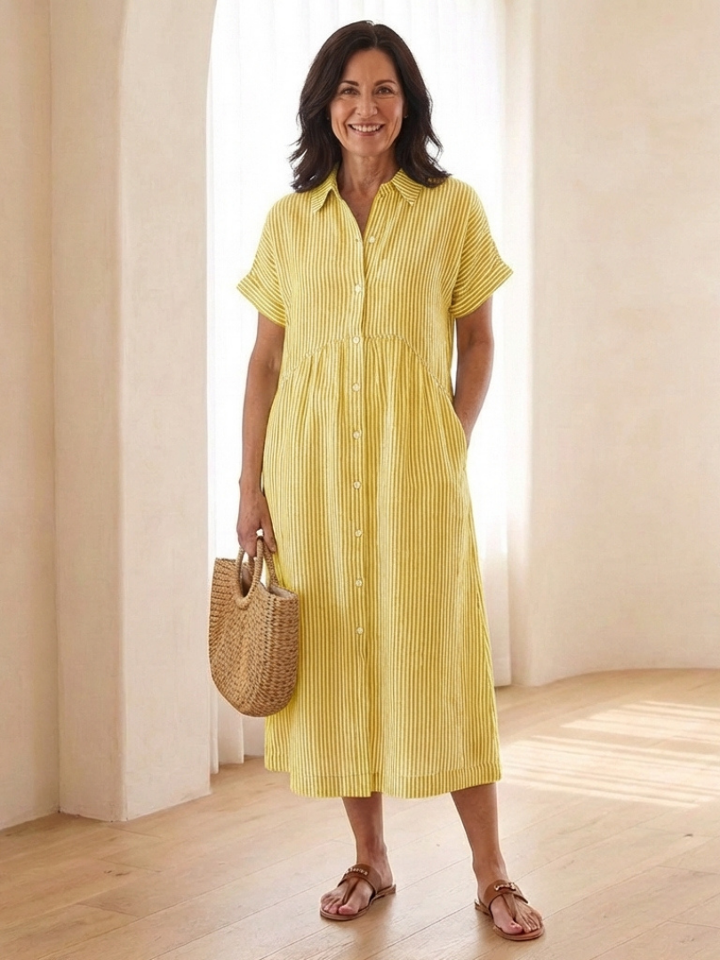 Women’s Striped Midi Dress Button Front Short Sleeve Casual Summer Style 3