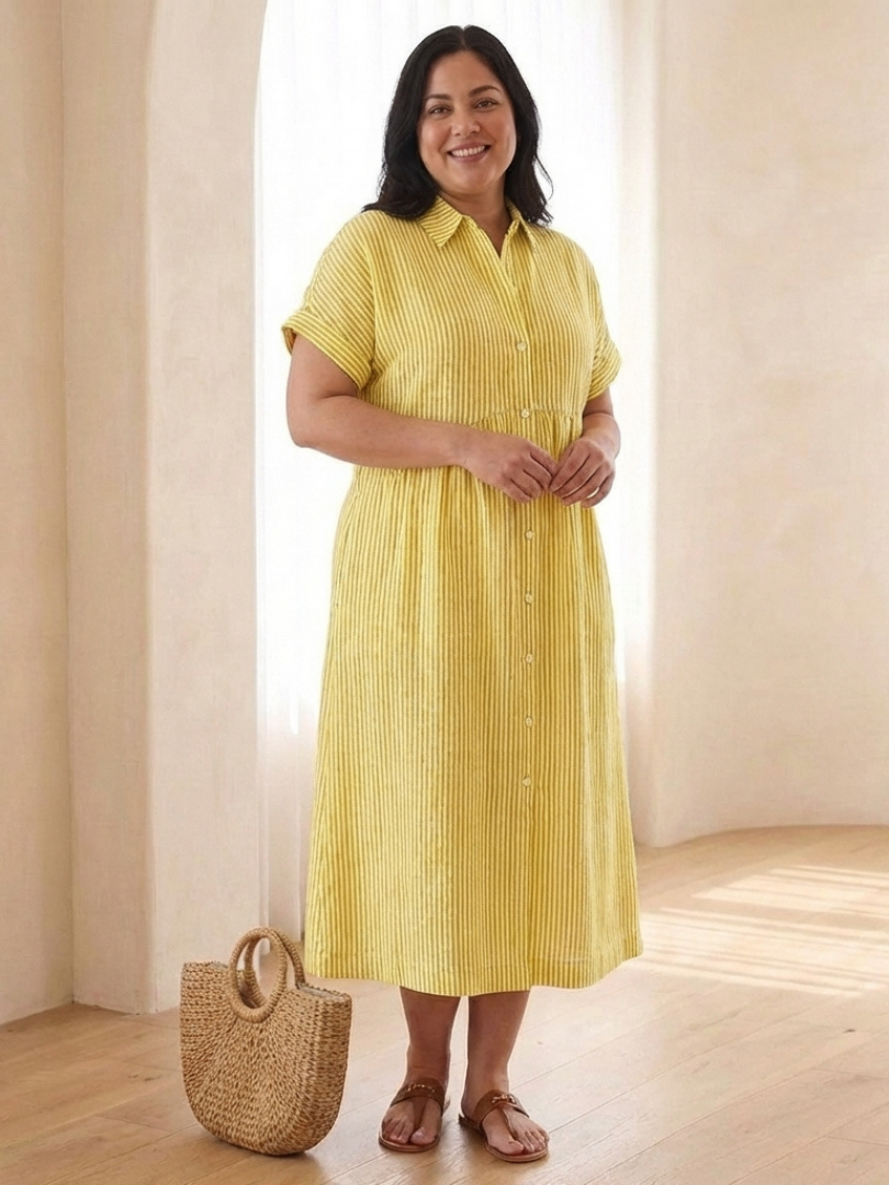 Women’s Striped Midi Dress Button Front Short Sleeve Casual Summer Style 4
