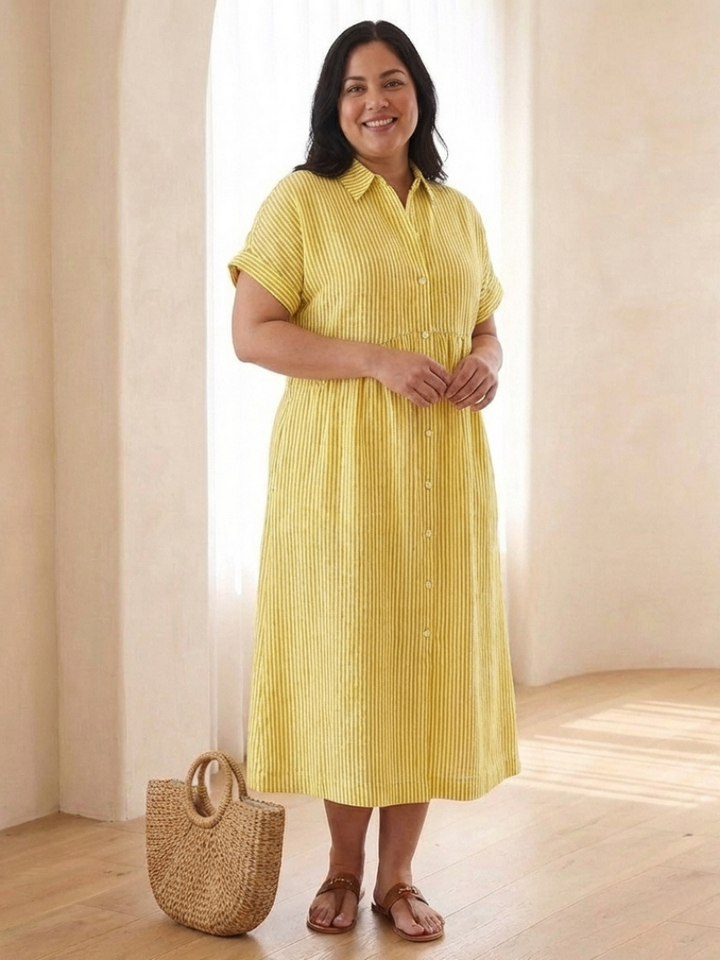 Women’s Striped Midi Dress Button Front Short Sleeve Casual Summer Style 4