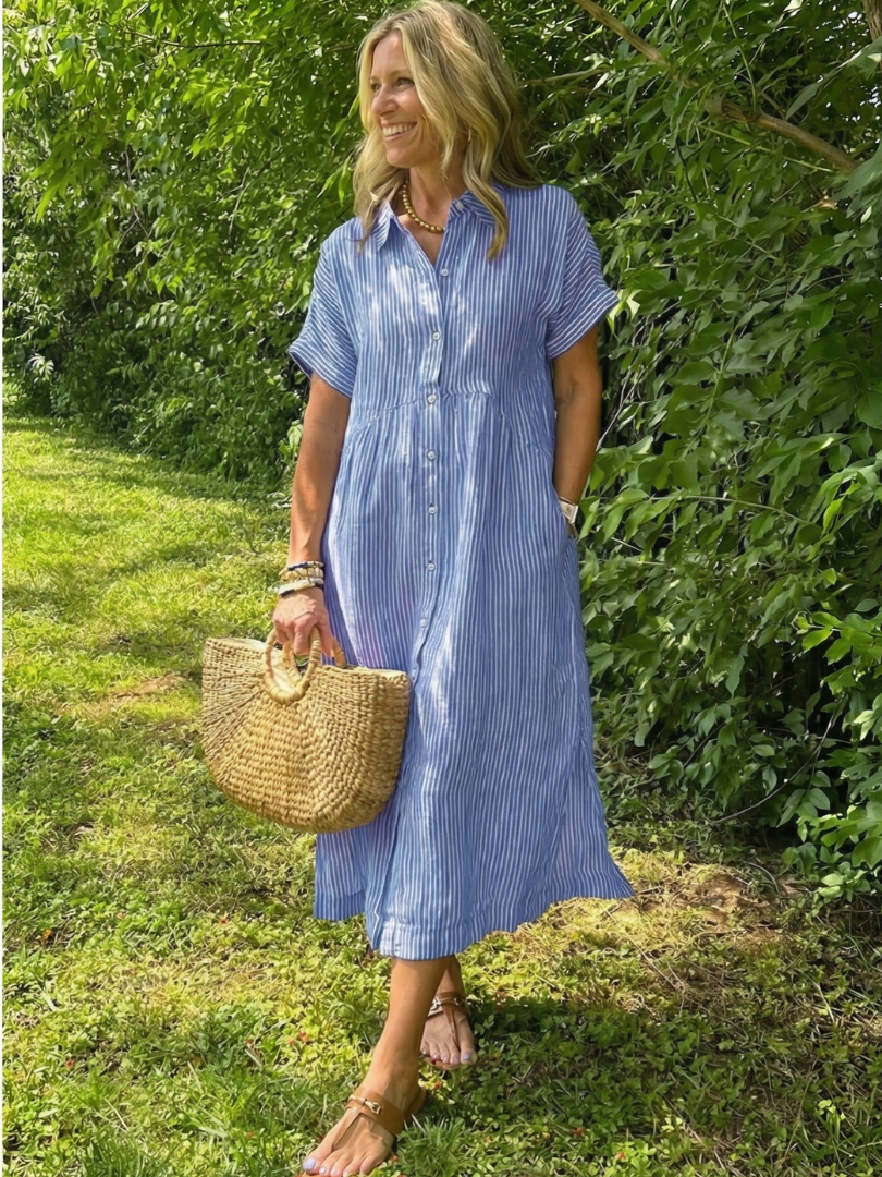 Women’s Striped Midi Dress Short Sleeve Button Front Casual Summer Style 0