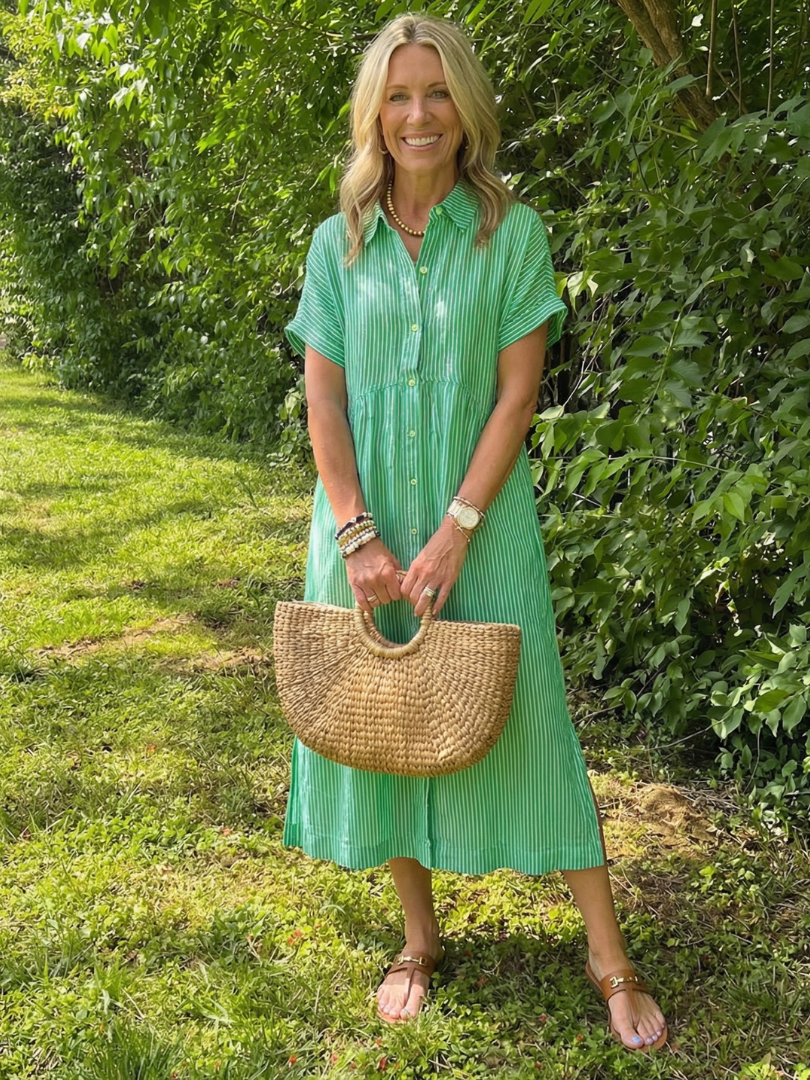 Women’s Striped Midi Dress Short Sleeve Button Front Casual Summer Style 1