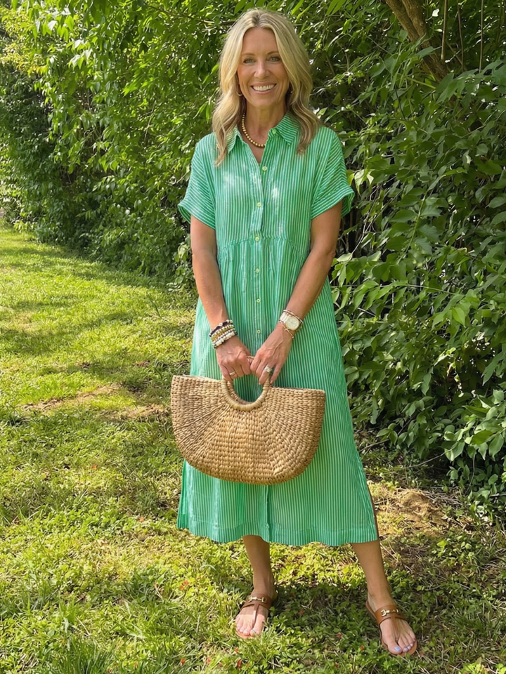 Women’s Striped Midi Dress Short Sleeve Button Front Casual Summer Style 1