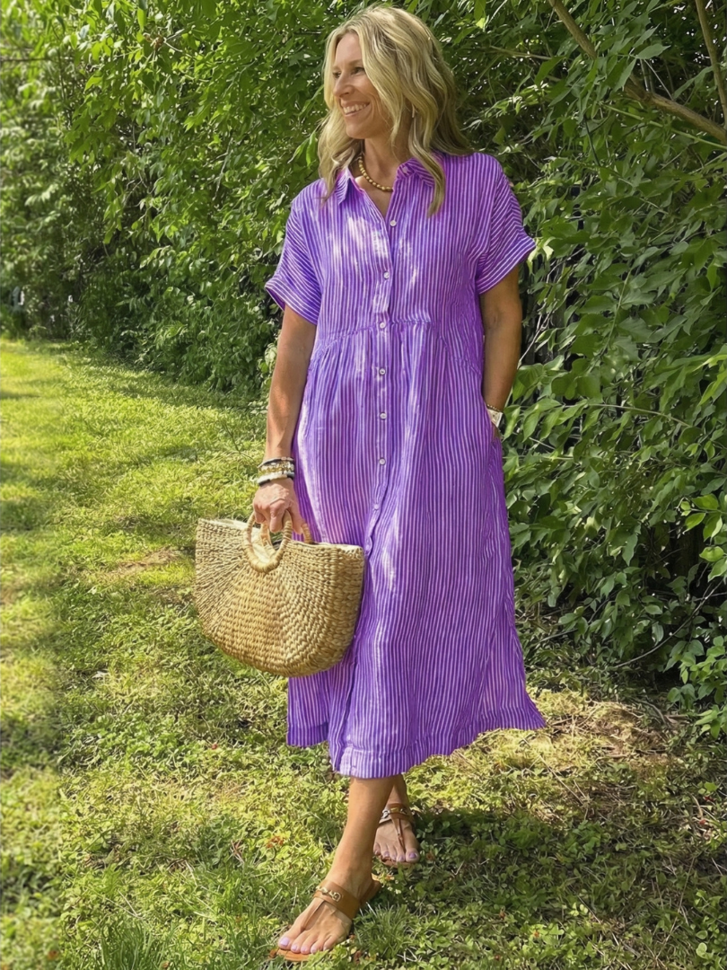 Women’s Striped Midi Dress Short Sleeve Button Front Casual Summer Style 2