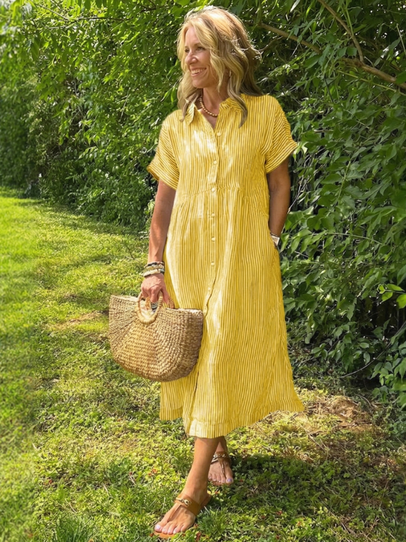 Women’s Striped Midi Dress Short Sleeve Button Front Casual Summer Style 3
