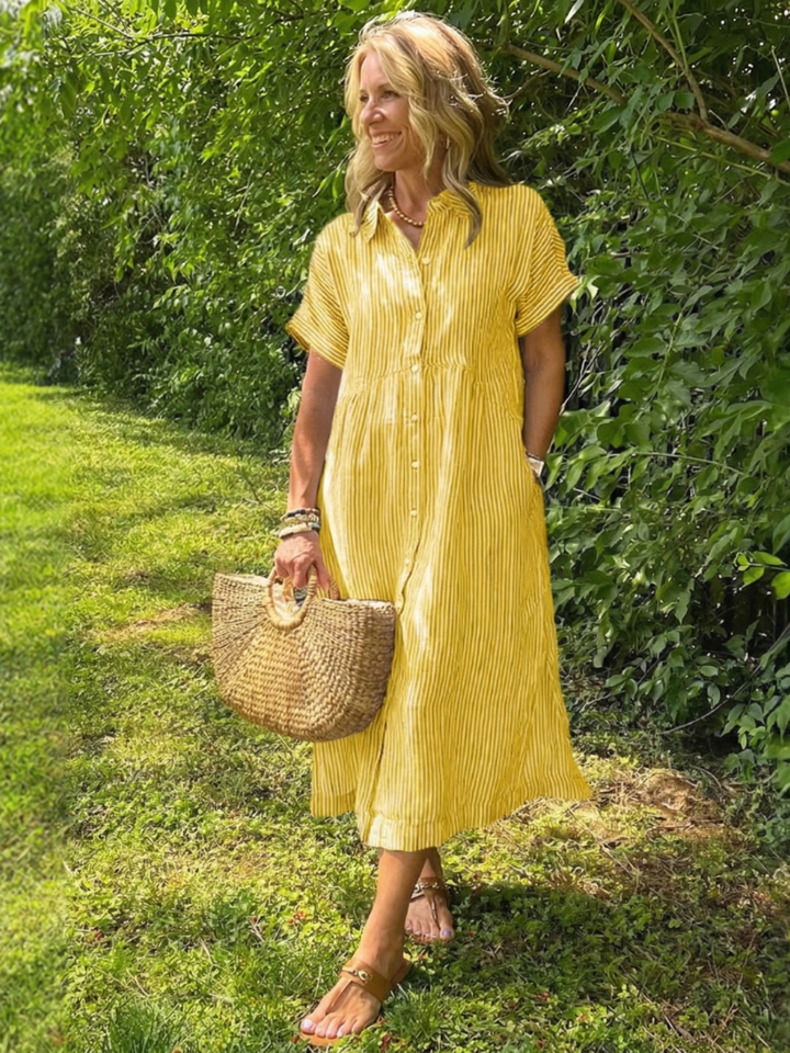 Women’s Striped Midi Dress Short Sleeve Button Front Casual Summer Style 3
