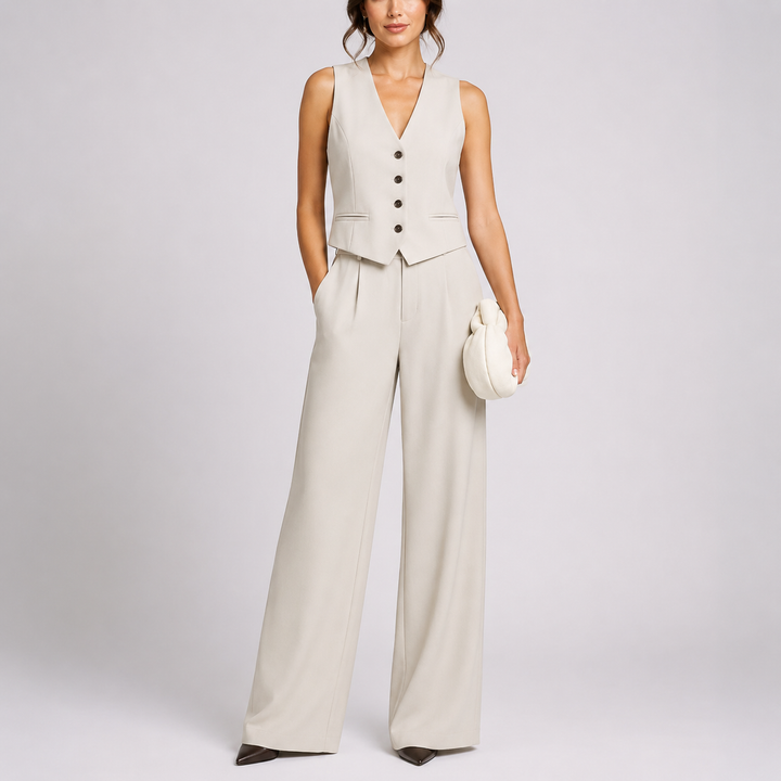 Women’s Tailored Jumpsuit Set Sleeveless Waistcoat and Wide-Leg Trousers 0