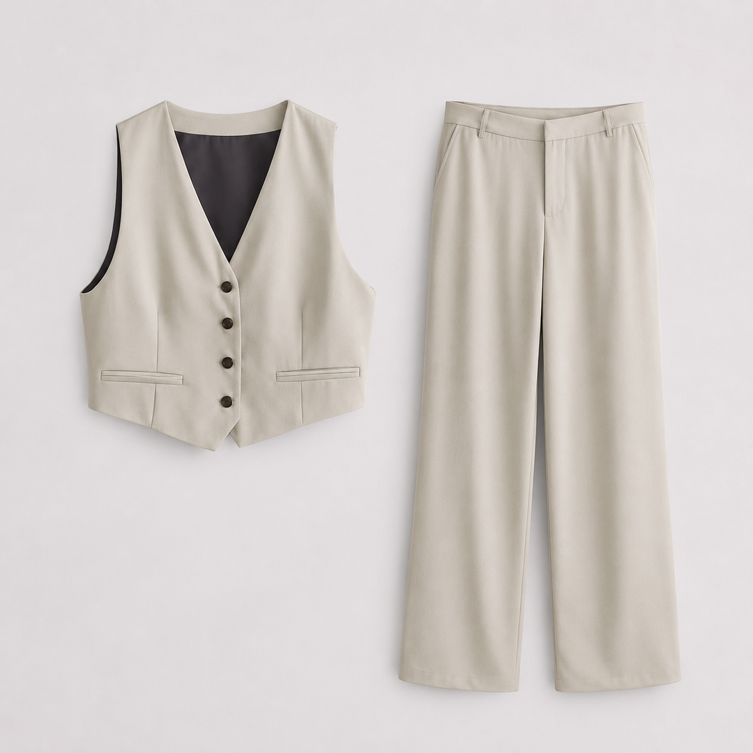 Women’s Tailored Jumpsuit Set Sleeveless Waistcoat and Wide-Leg Trousers 1