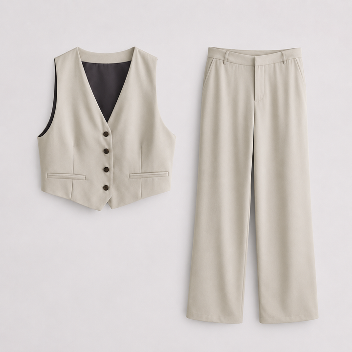 Women’s Tailored Jumpsuit Set Sleeveless Waistcoat and Wide-Leg Trousers 1