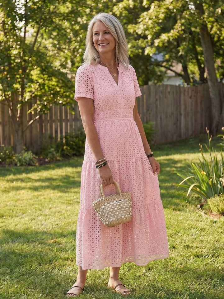 Women’s Tiered Midi Dress Short Sleeve Eyelet Design 0