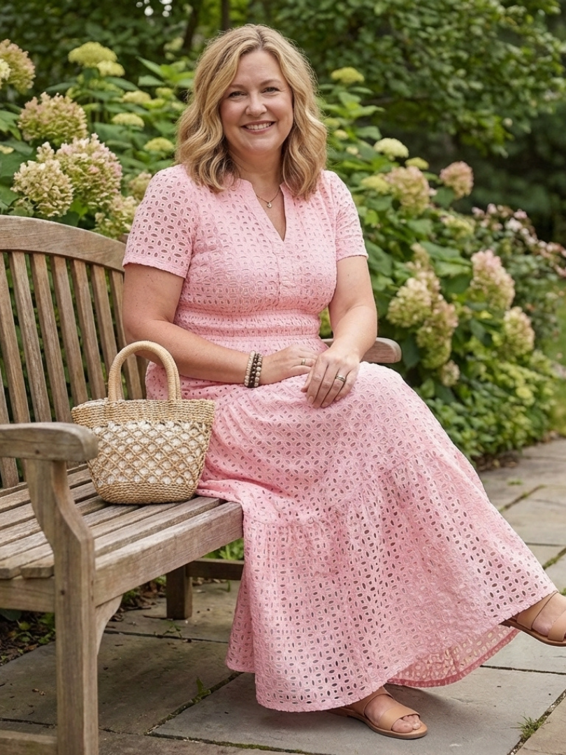 Women’s Tiered Midi Dress Short Sleeve Eyelet Design 1