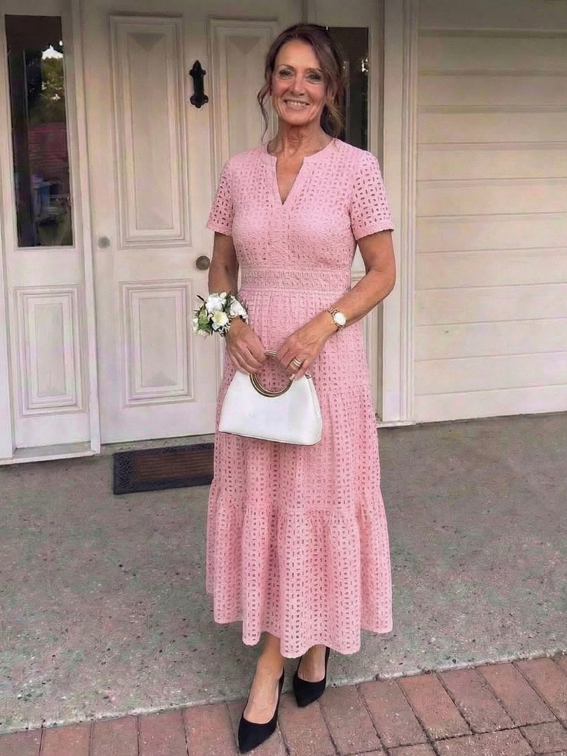 Women’s Tiered Midi Dress Short Sleeve Eyelet Design 2