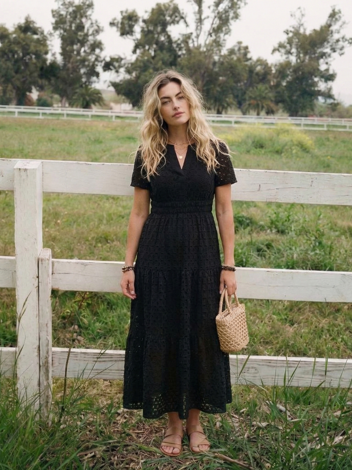 Women’s Tiered Midi Dress Short Sleeve Eyelet Design 6