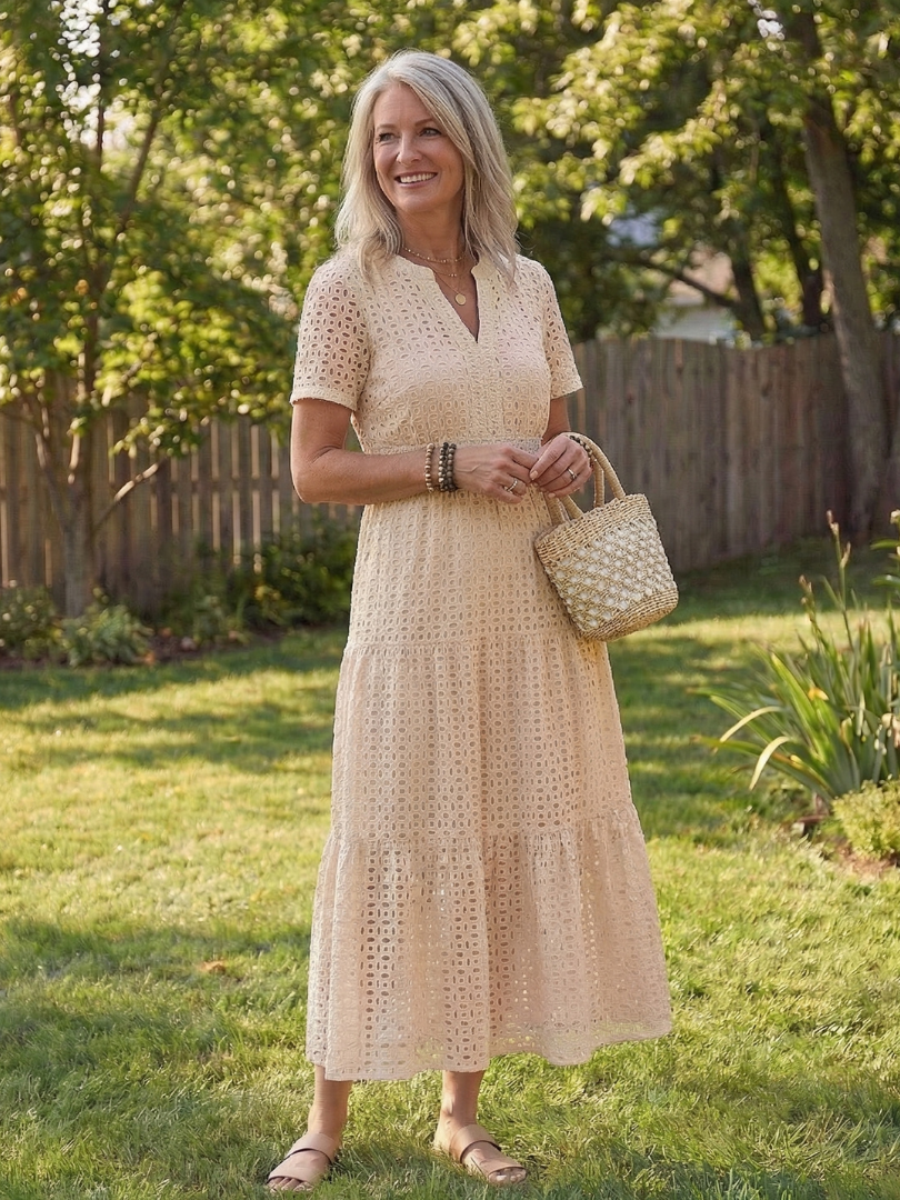 Women’s Tiered Midi Dress Short Sleeve Eyelet Design 7
