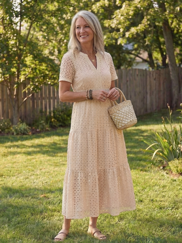 Women’s Tiered Midi Dress Short Sleeve Eyelet Design 7