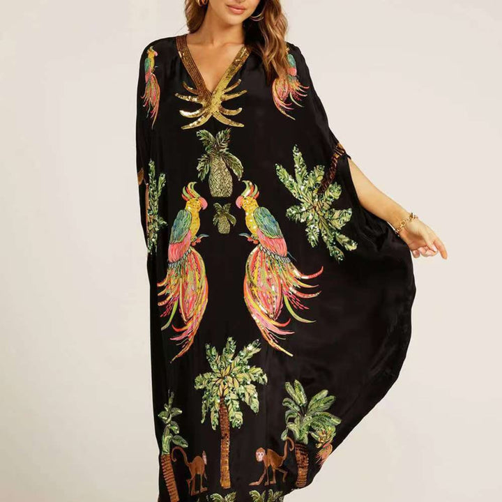 Women’s Tropical Print Kaftan Dress Loose-Fitting Summer Style 0