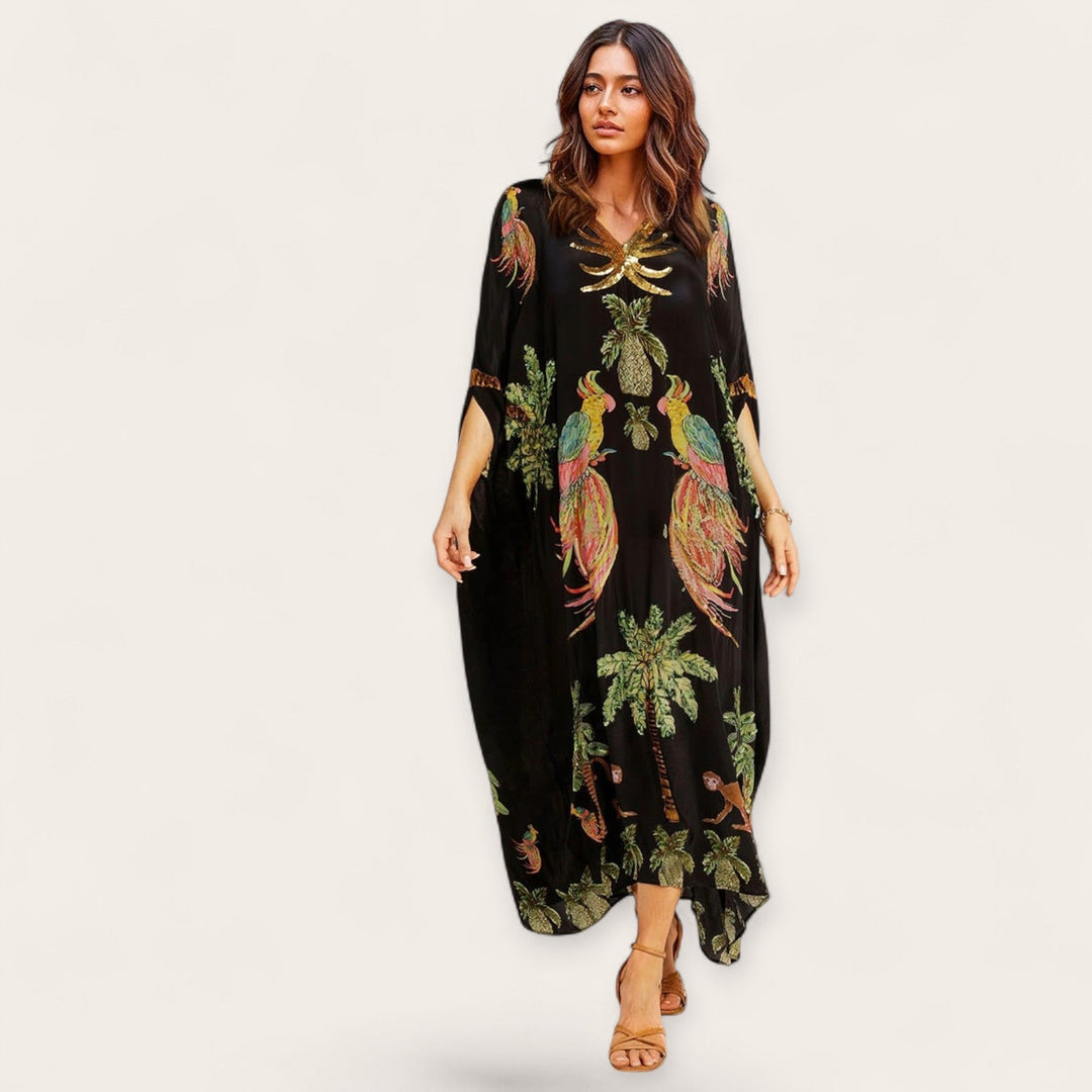Women’s Tropical Print Kaftan Dress Loose-Fitting Summer Style 1