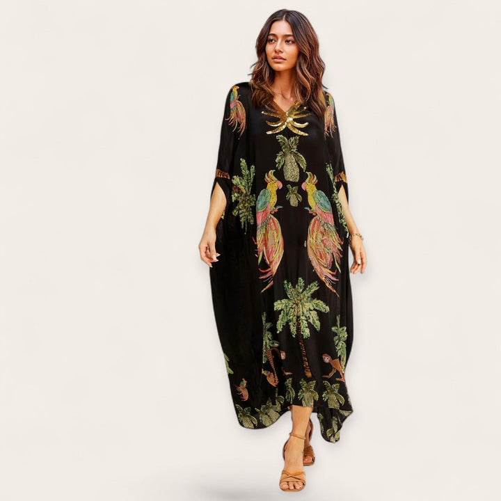 Women’s Tropical Print Kaftan Dress Loose-Fitting Summer Style 1