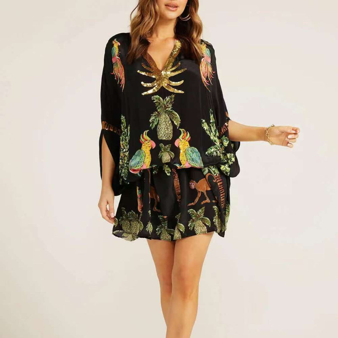 Women’s Tropical Print Kaftan Dress Loose-Fitting Summer Style 3