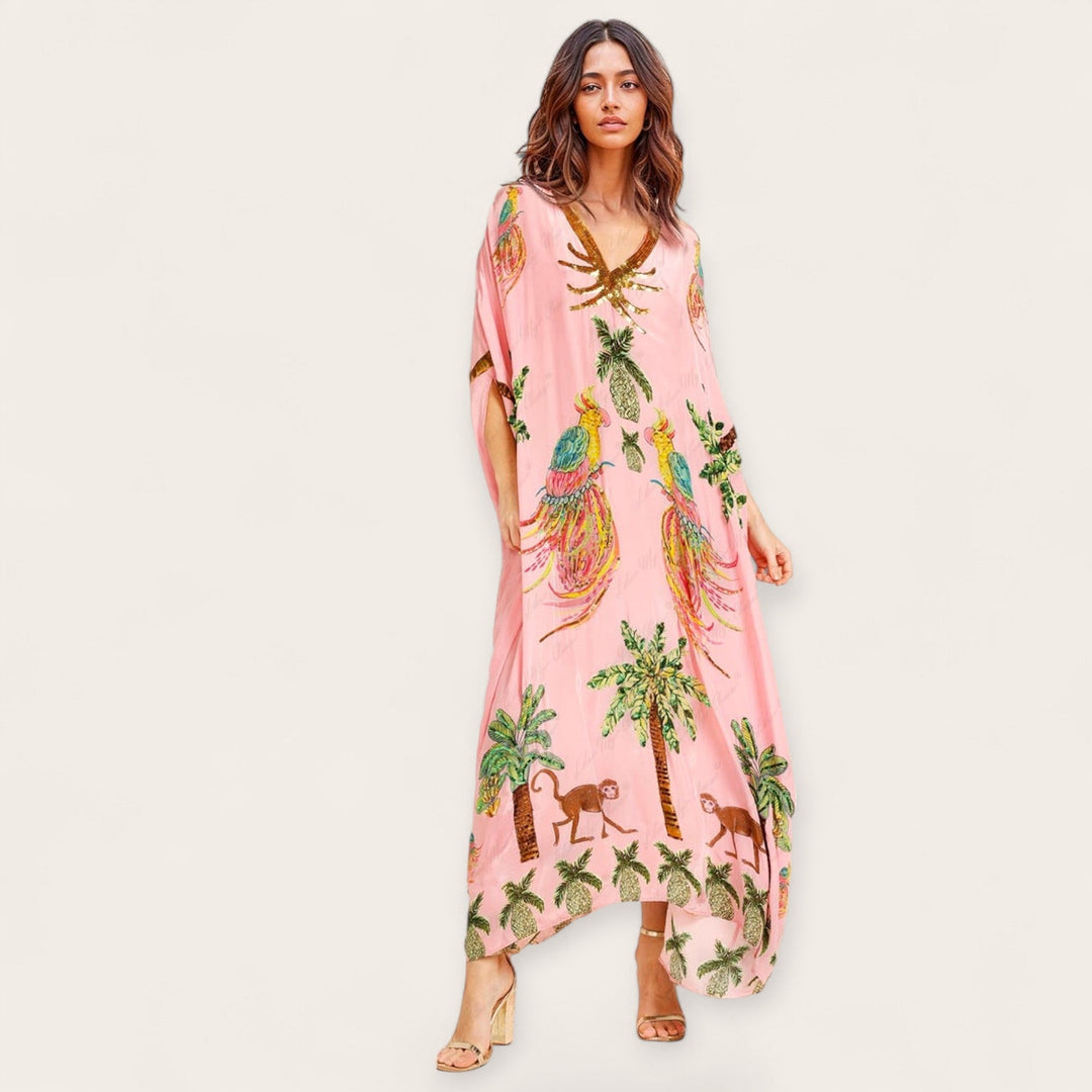 Women’s Tropical Print Kaftan Dress Loose-Fitting Summer Style 5