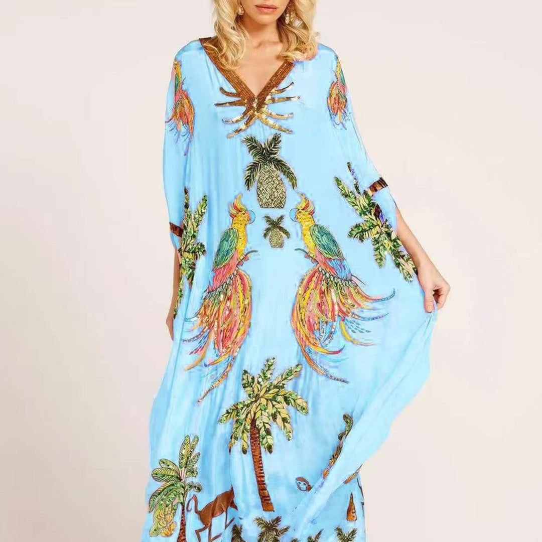 Women’s Tropical Print Kaftan Dress Loose-Fitting Summer Style 8