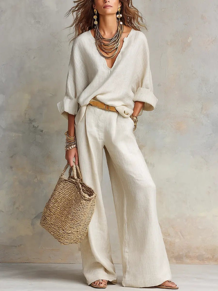 Women’s Two-Piece Pants Set Relaxed V-Neck Wide Leg Style 0